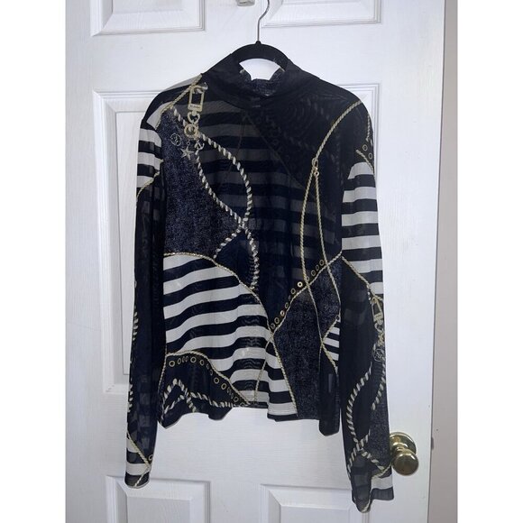 ST JOHN SPORT Nautical Print Mesh Mock Neck Long Sleeve Top Sz XL - Picture 3 of 16